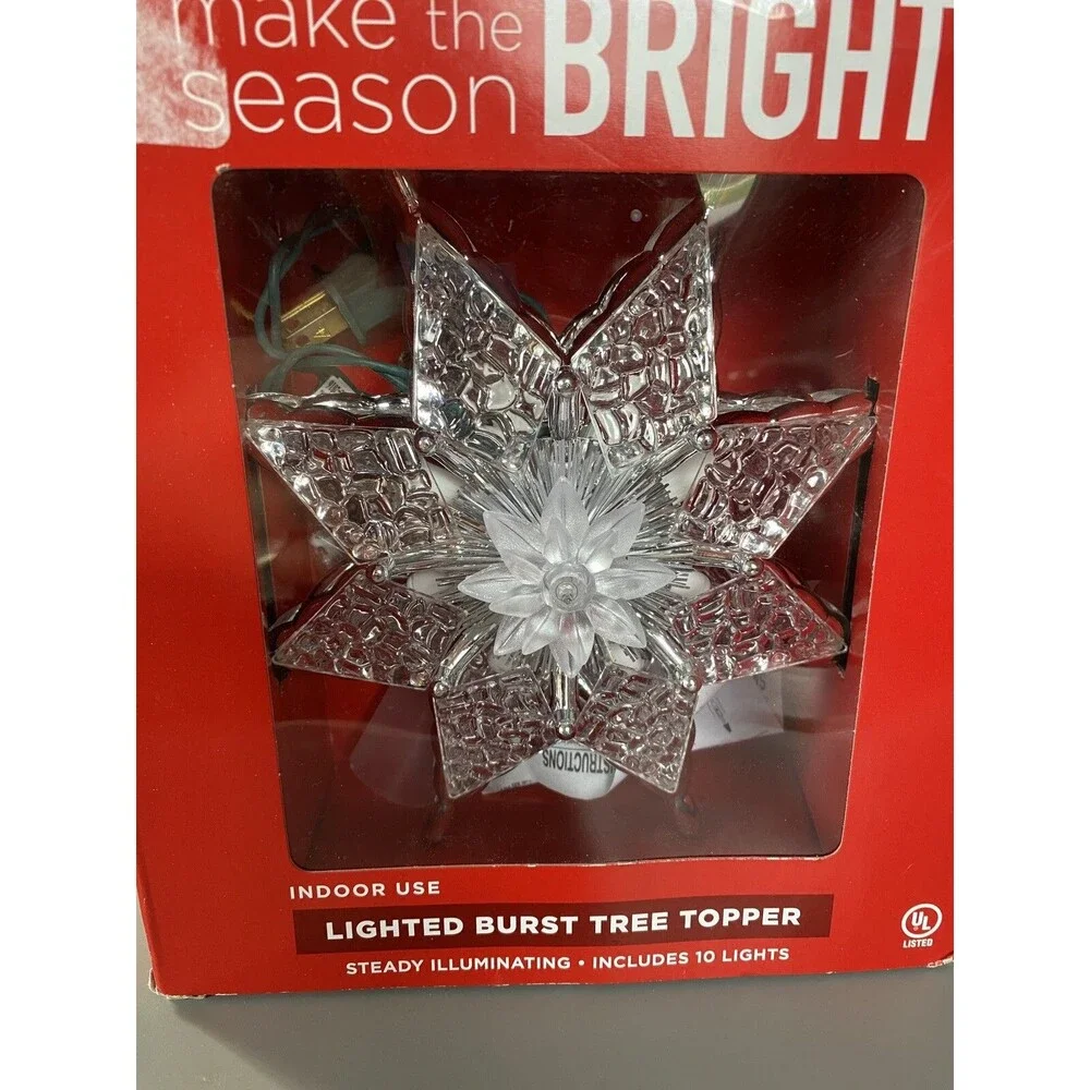 Christmas Lighted 8 Point STAR Tree Topper 2 Sided Acrylic Textured Tinsel
